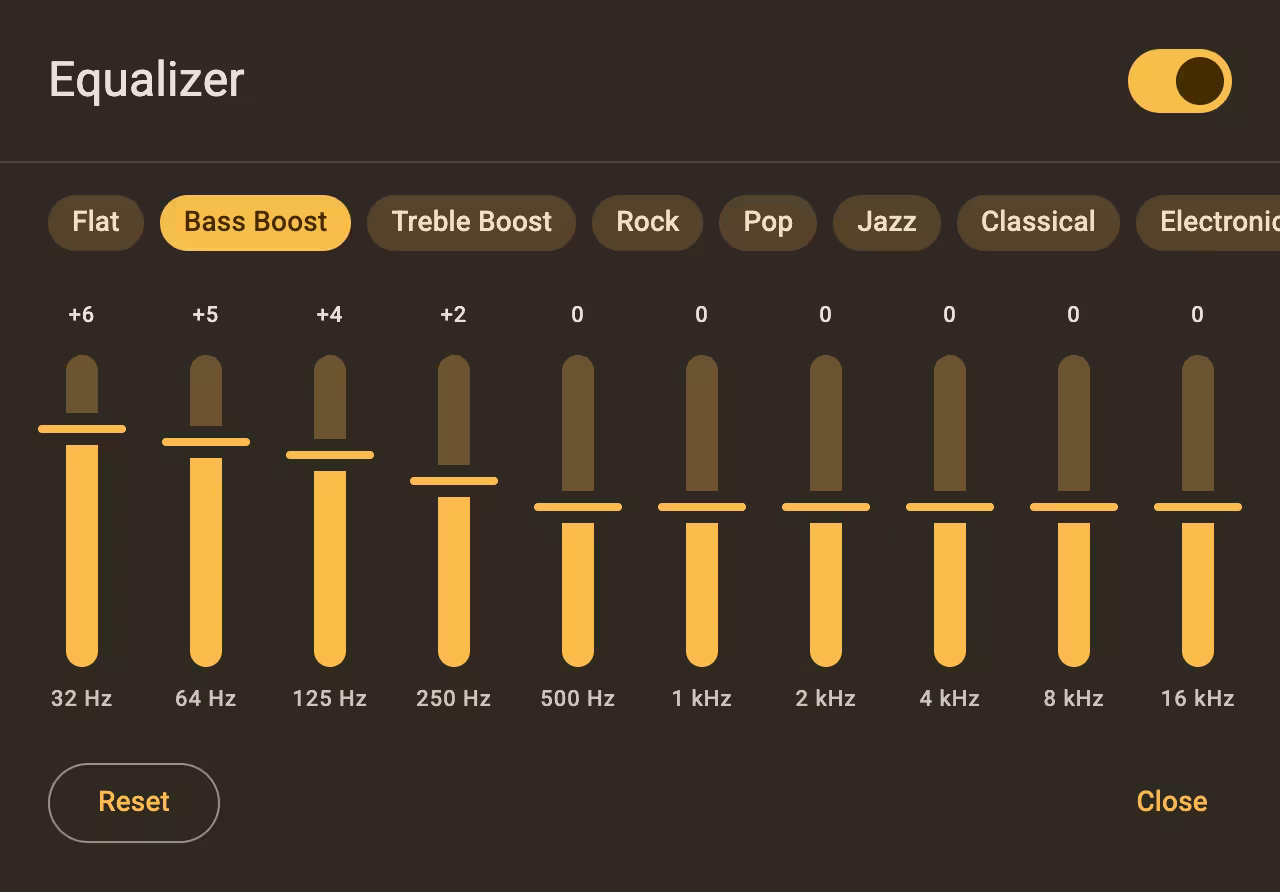 Snae Player equalizer dialog in dark mode with Bass Boost enabled